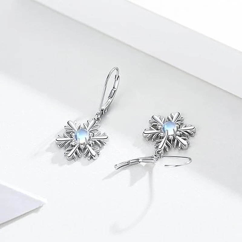 Huitan Christmas Snowflake Pendant Earrings for Women Silver Color Imitation Moonstone Accessories for Party Winter Jewelry Gift