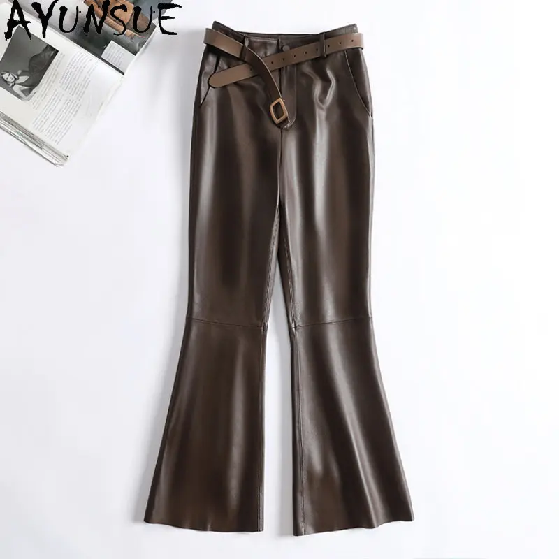 

AYUNSUE Genuine Leather Pants for Women New High Waist Flared Pants Korean Style Trousers Belt Black Pants Streetwear Pantalones