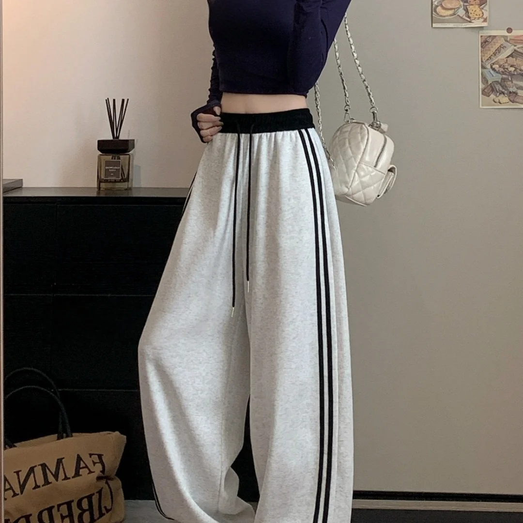 Girls Sweatpants Elastic Waist Drawstring Side Double Striped High Waist Loose Fit Wide Leg Straight Cut Casual Pants Streetwear