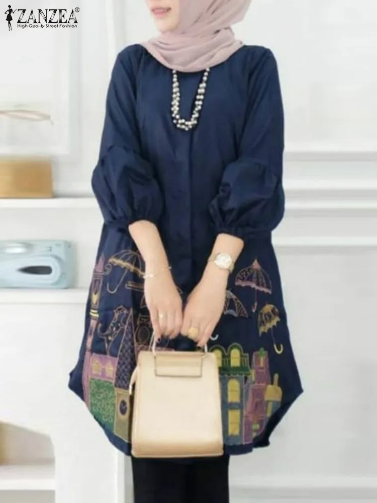 

ZANZEA Bohemian Casual Floral Printed Blouse Spring Puff Sleeve Lapel Shirt Elegant Party Tunic Tops Casual Islamic Clothing