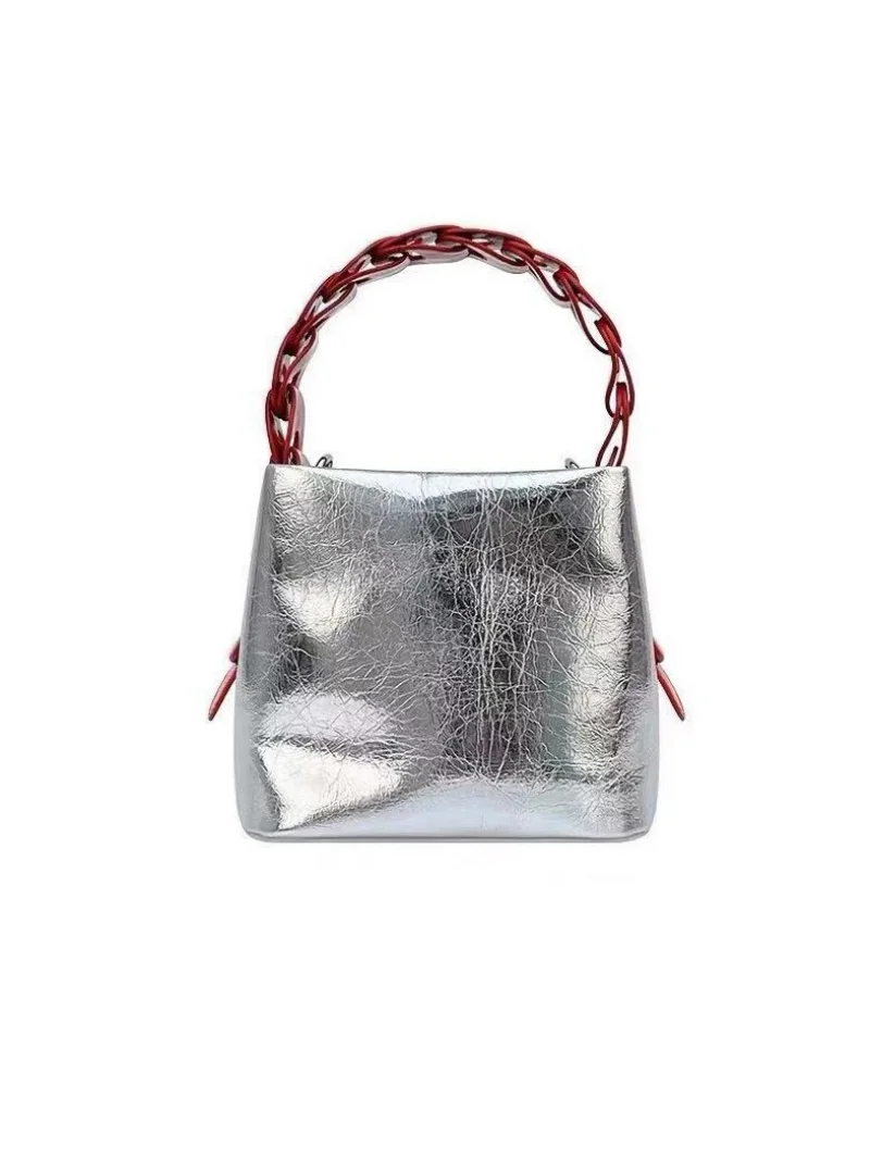 

Brand Luxury Designer Literary Holiday Beach Bag Pu Material Soft Leather Bucket Bag Wax Silver Handbag Shoulder Bag Women New