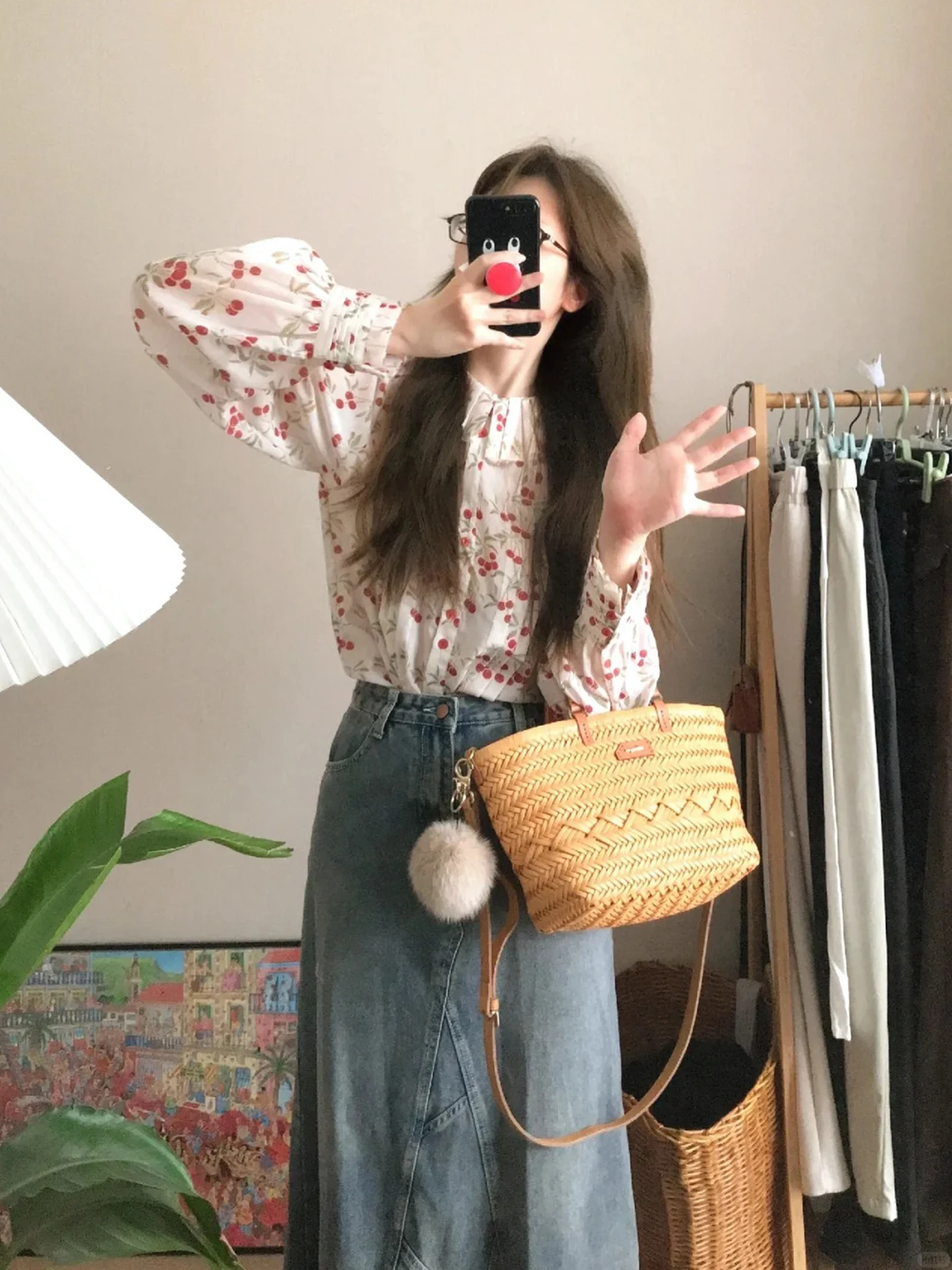 

Ladies Summer 2026 Lazy Style Ruffle Collar Shirt Doll Collar Lantern Sleeve Cherry Floral Print Loose Fit Long Sleeve Shirt