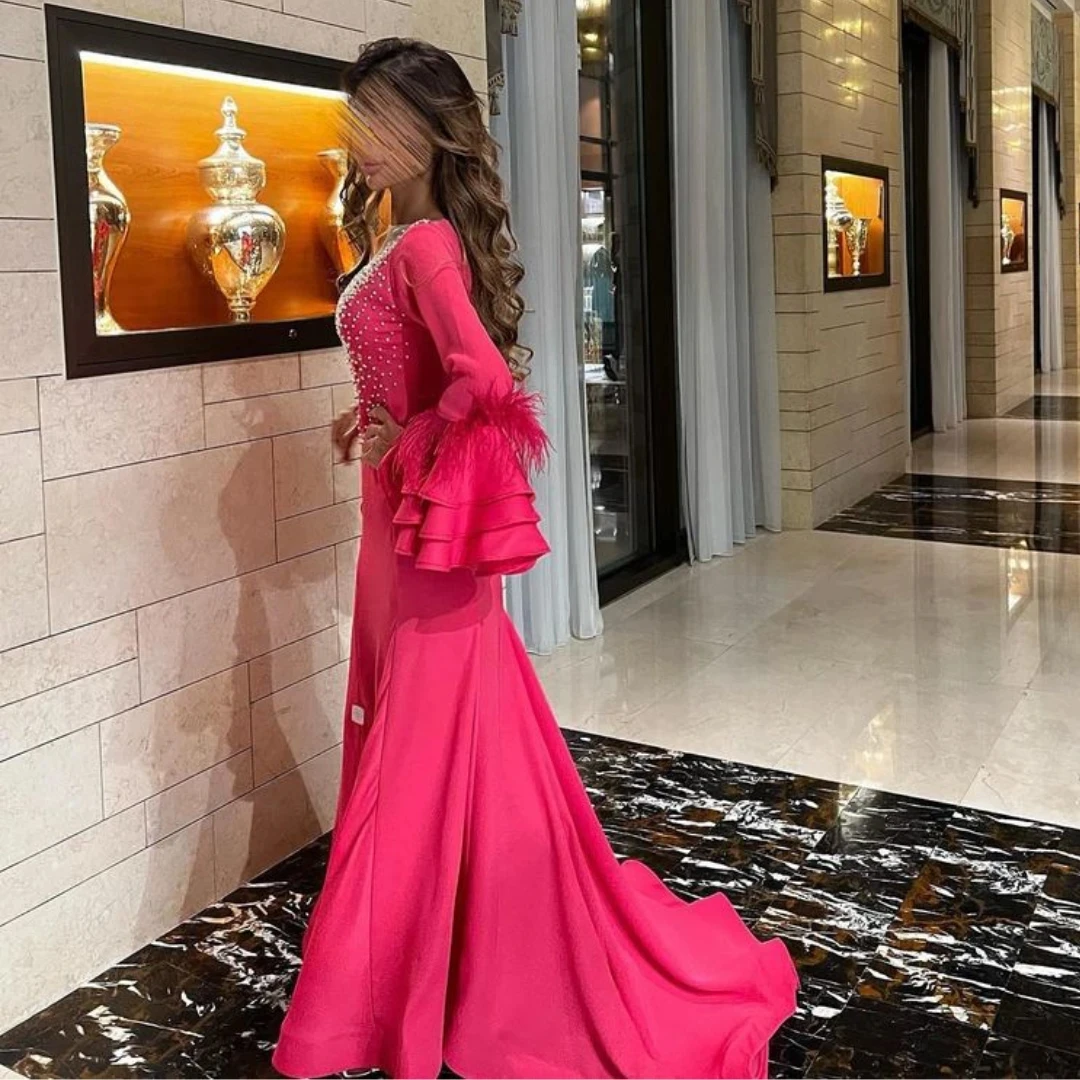 Jirocum حورية البحر تول الخامس الرقبة فساتين حفلات المرأة مطرز ريشة كم طويل حفلة ثوب مسائي طول الأرض مناسبة رسمية فستان