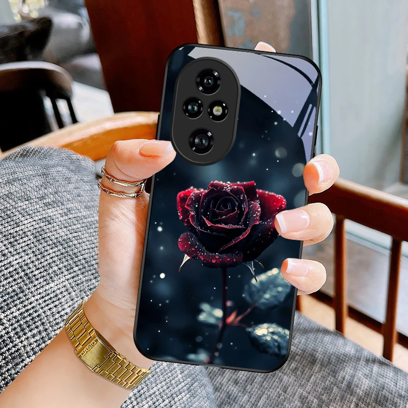 

Rose Red Rose For Honor 90 Lite X8A X8B X9C X5b 90 Pro 200 Lite M agic5 P ro Magic7 Lite 5G 70 X6A 9X Black glass phone case
