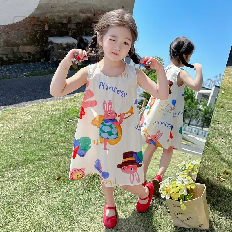 Summer Girl Dress Fashionable Cartoon Rabbit Princess Dress Cotton Linen Country Vacation Cute Tank Top Dress Kids Clothes