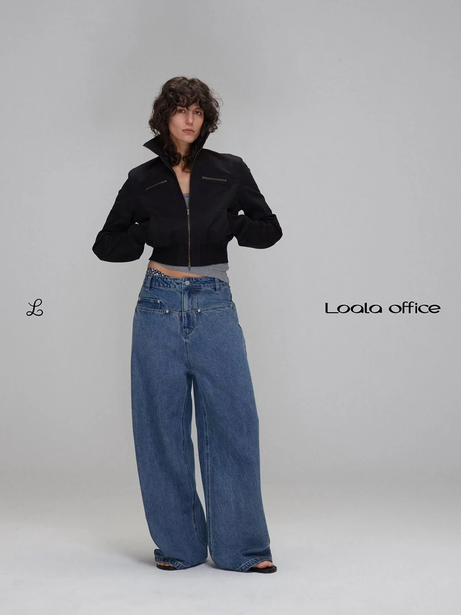 

Loala Office Mid-Rise Straight Leg Jeans Loose Fit Denim Blue Casual Cotton Trousers with Patch Pocket Design for Women