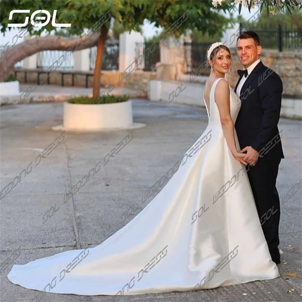 SOL-Boat Neck cetim vestidos de casamento para mulheres, linha A, costas abertas, vestidos de noiva até o chão, feitos sob encomenda, simples