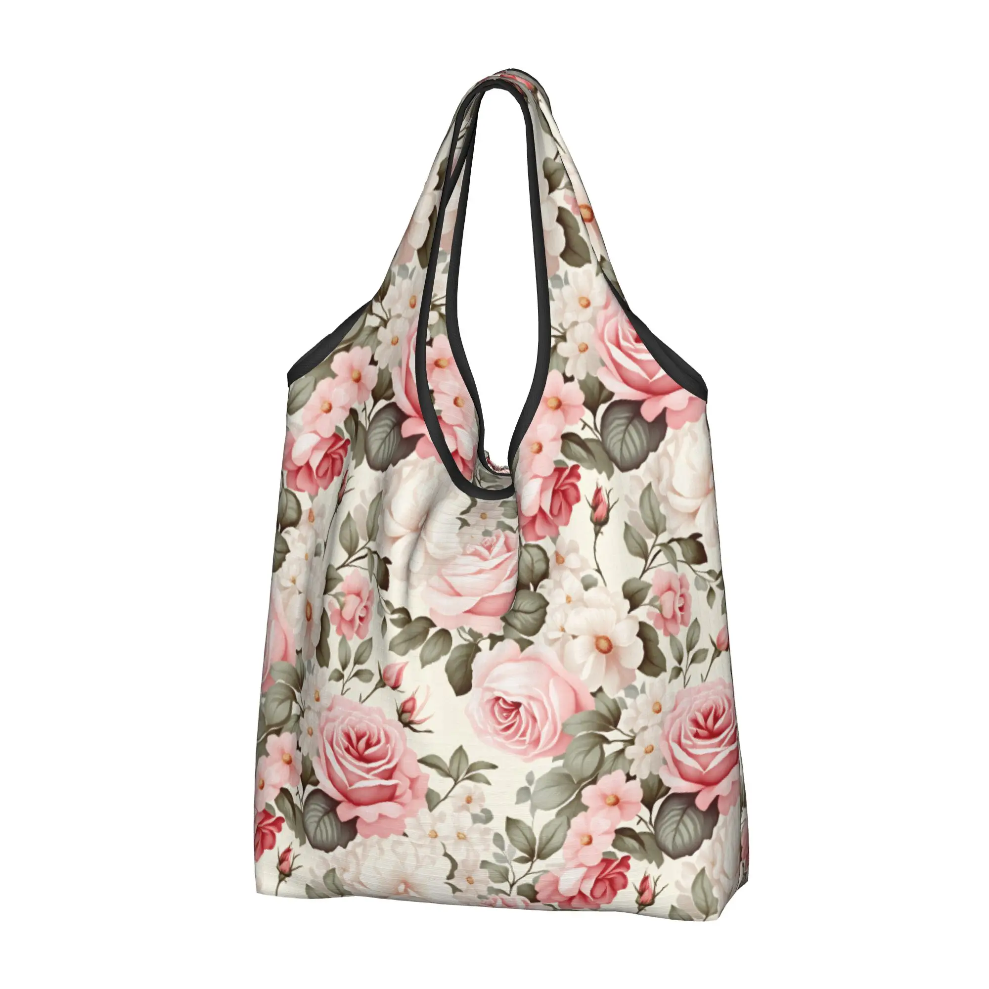 Custom Victorian Rose Flowers  Shopping Bag Women Portable Large Capacity Grocery Elegant Stained Pink  Shopper Tote Bags