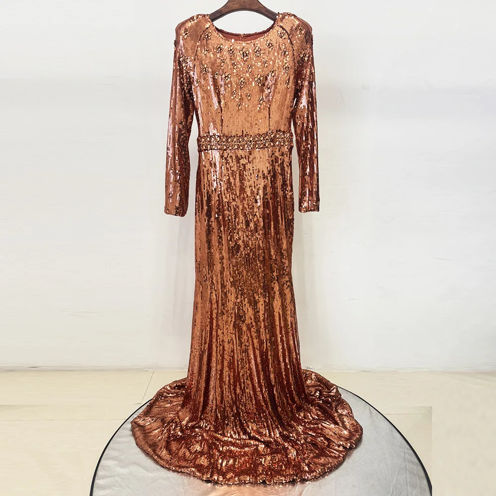 Luxury Evening Dress, Long Skirt, Celebrity Women's Dress, Nail Bead Set, Diamond Gold, Muslim, Islamic, Arab Dress view 5
