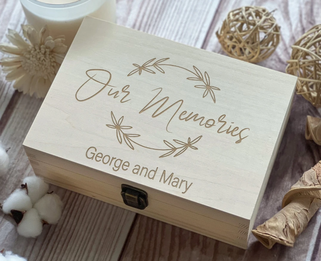 Personalized Wooden Box Anniversary Gift Couple Gift Wedding Keepsake Box, Custom Engraved Memory Box Natural Wood