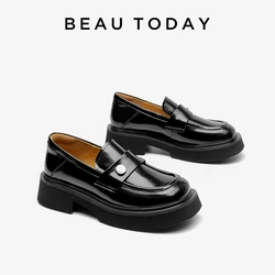 BEAUTODAY Loafer Women Cow Leather Round Toe Slip-on Spring Thick Sole Ladiies Platform Shoes Handmade 26609