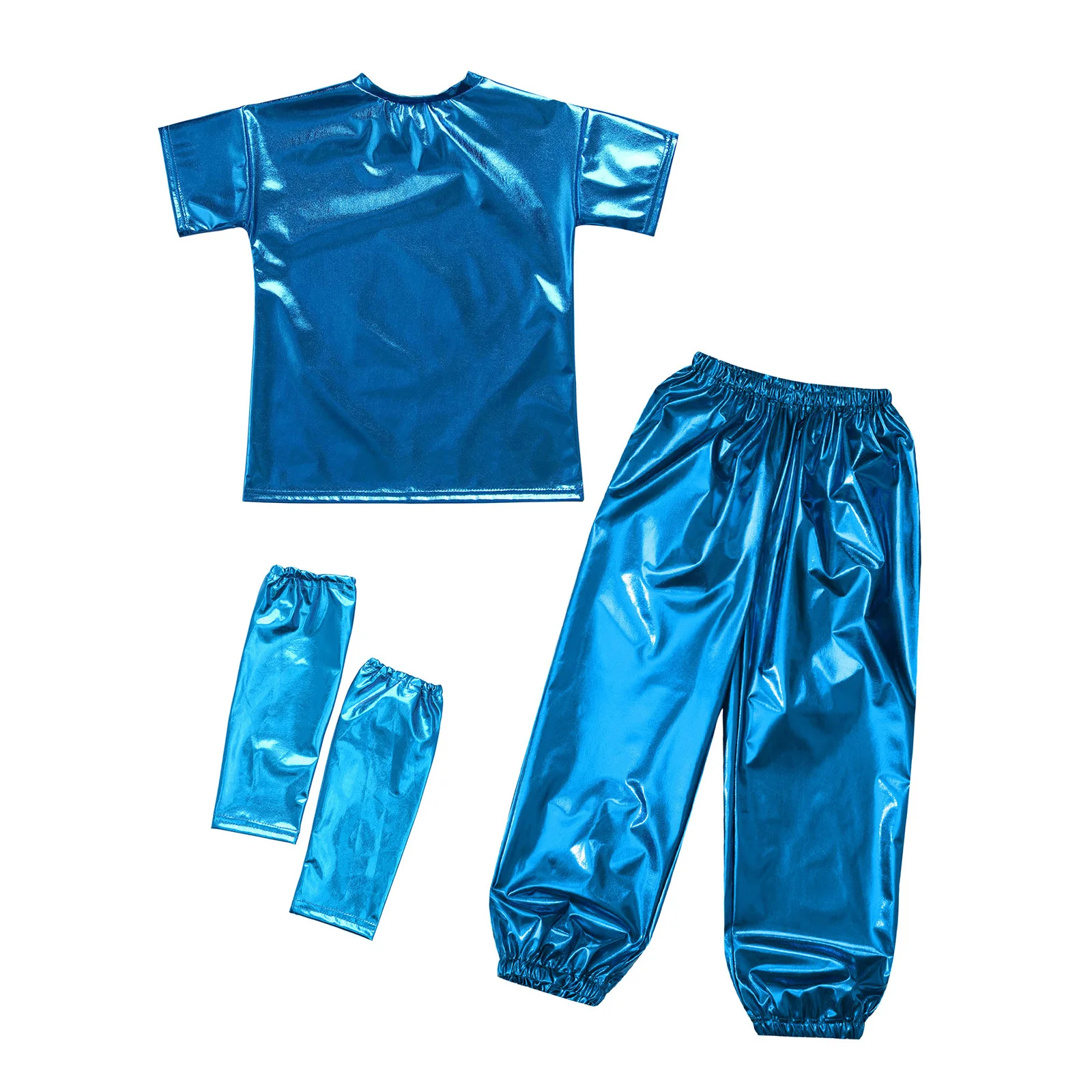 Set da ballo jazz unisex per bambini, ragazze, ragazzi, manica corta, girocollo, maglietta metallizzata lucida con pantaloni, guanti, costume da spettacolo per feste