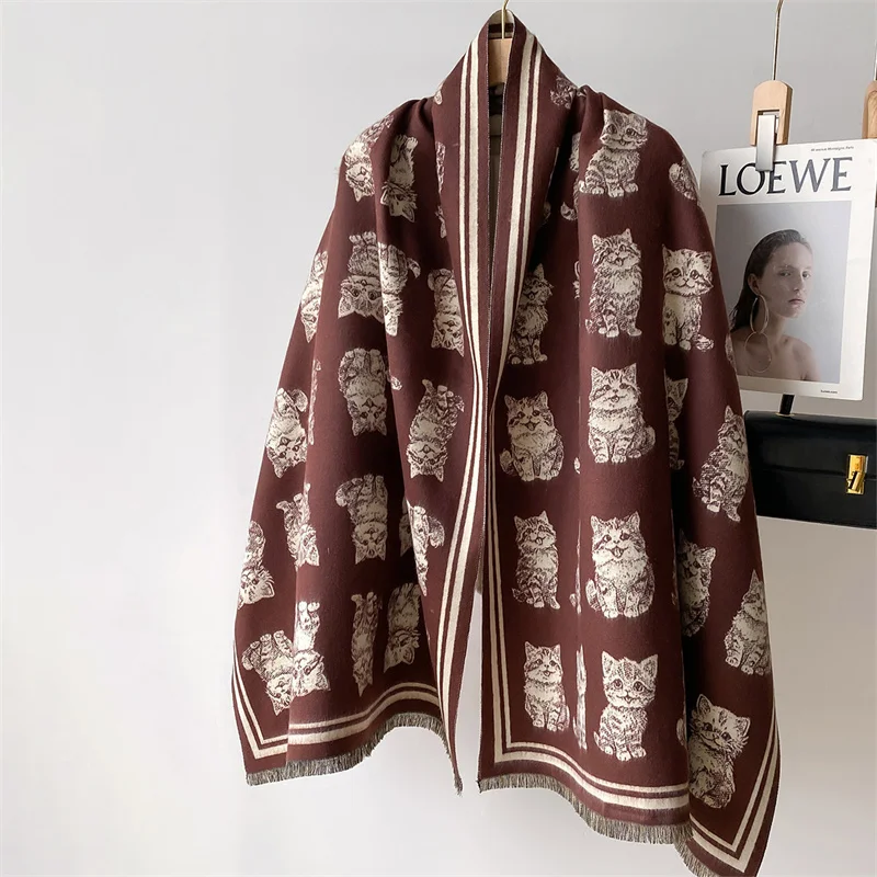 Winter Cashmere Scarf Pashmina Shawls Luxury Cat Print Women Warm Blanket Wraps Female Foulard Brand Thick Hijab Stoles 2024