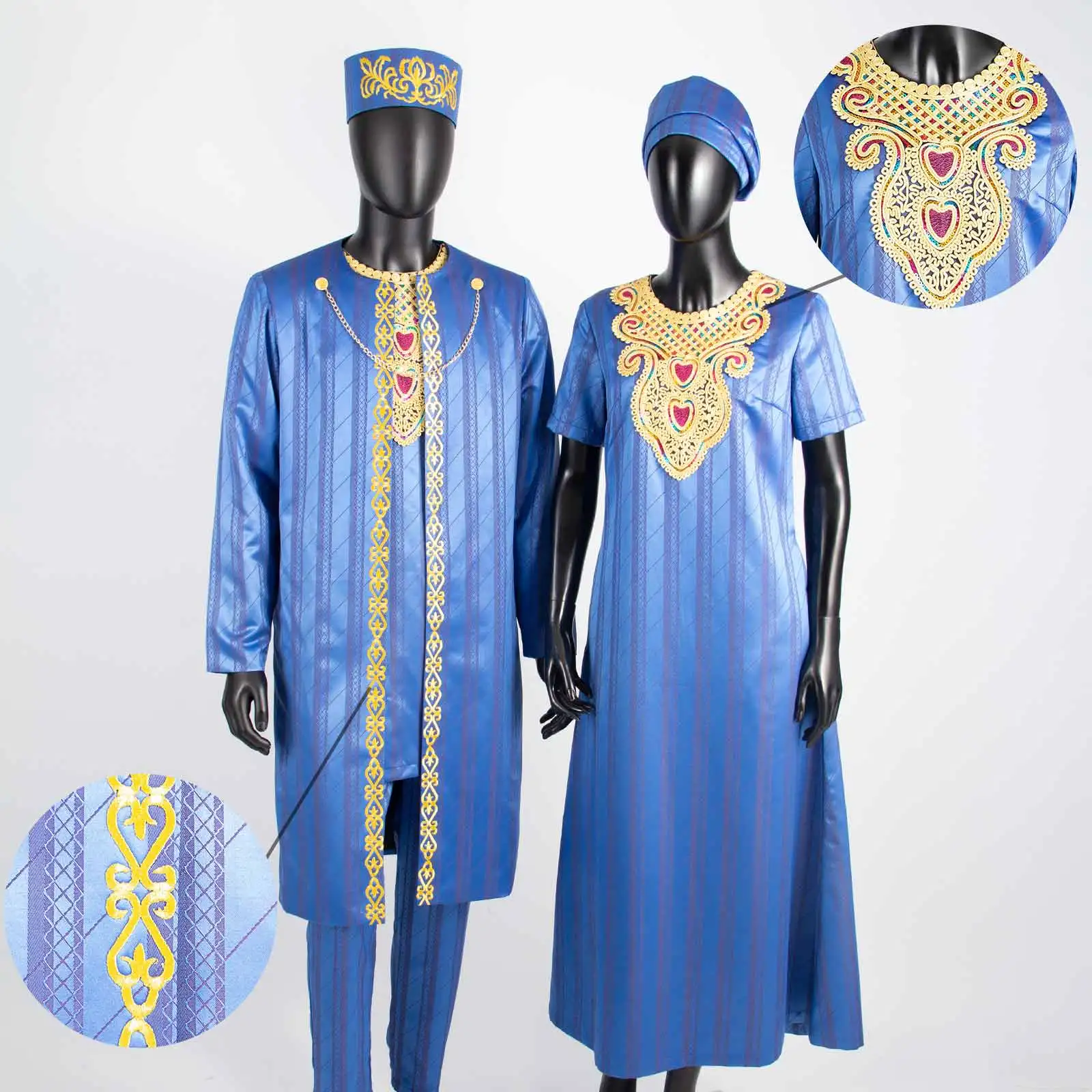 Bazin Riche Attire African Women Dress for Wedding Men Suit Embroidery Robe Shirt Pants Hat 4 Pcs Set Party Wedding Gown Y22C079