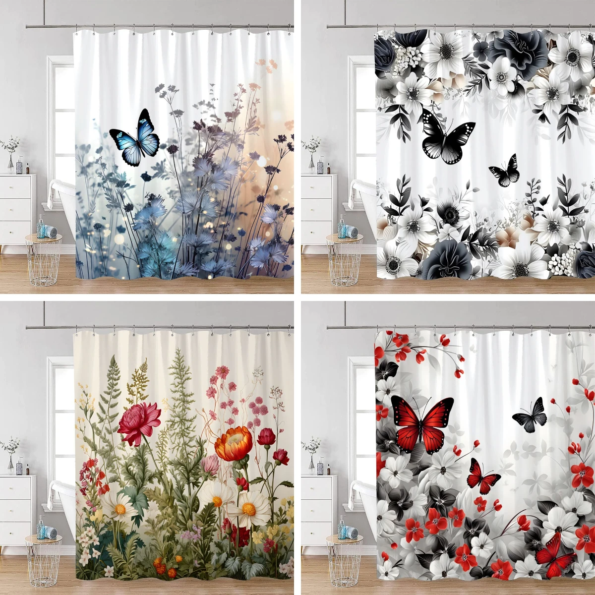 Floral Butterfly Shower Curtains Black and White Flowers Botanical Watercolour Art Modern Minimalist Bathroom Curtain Decor Sets