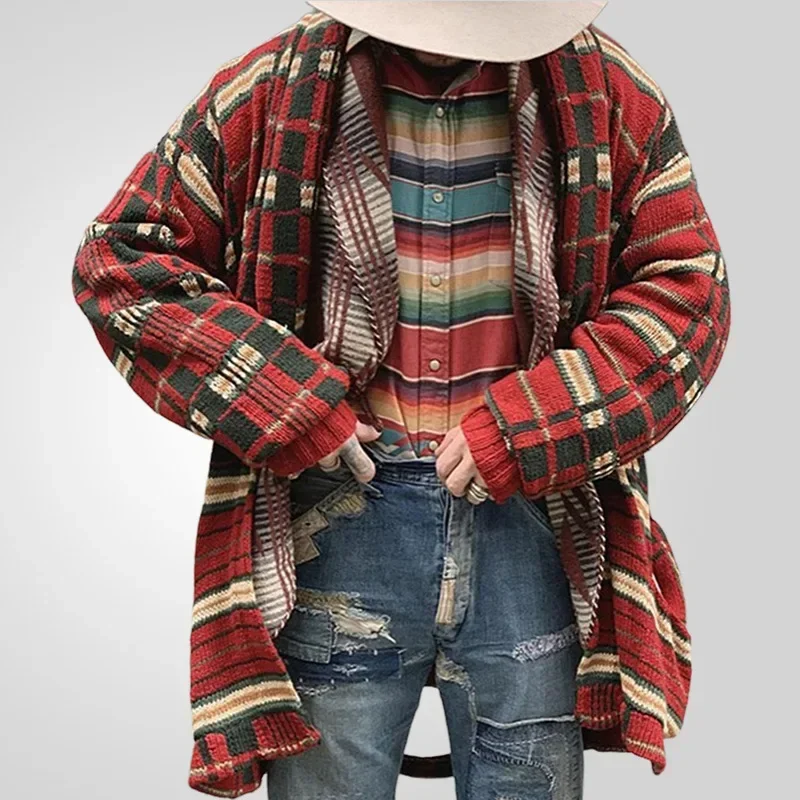 

Men New Mid Length Coat Cardigan Sweaters Turn Down Collar Print Plaid Coats Loose Casual Splice Open Stitch Autumn Winter 2025
