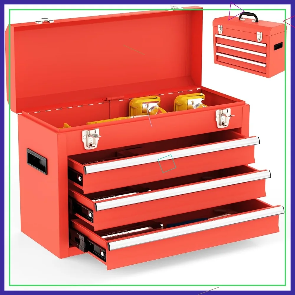 

3 Drawer Portable Metal Tool Box with EVC Liners, Heavy Duty Steel Chest, Ball Bearing Opening, Powder Coated Finish in Red
