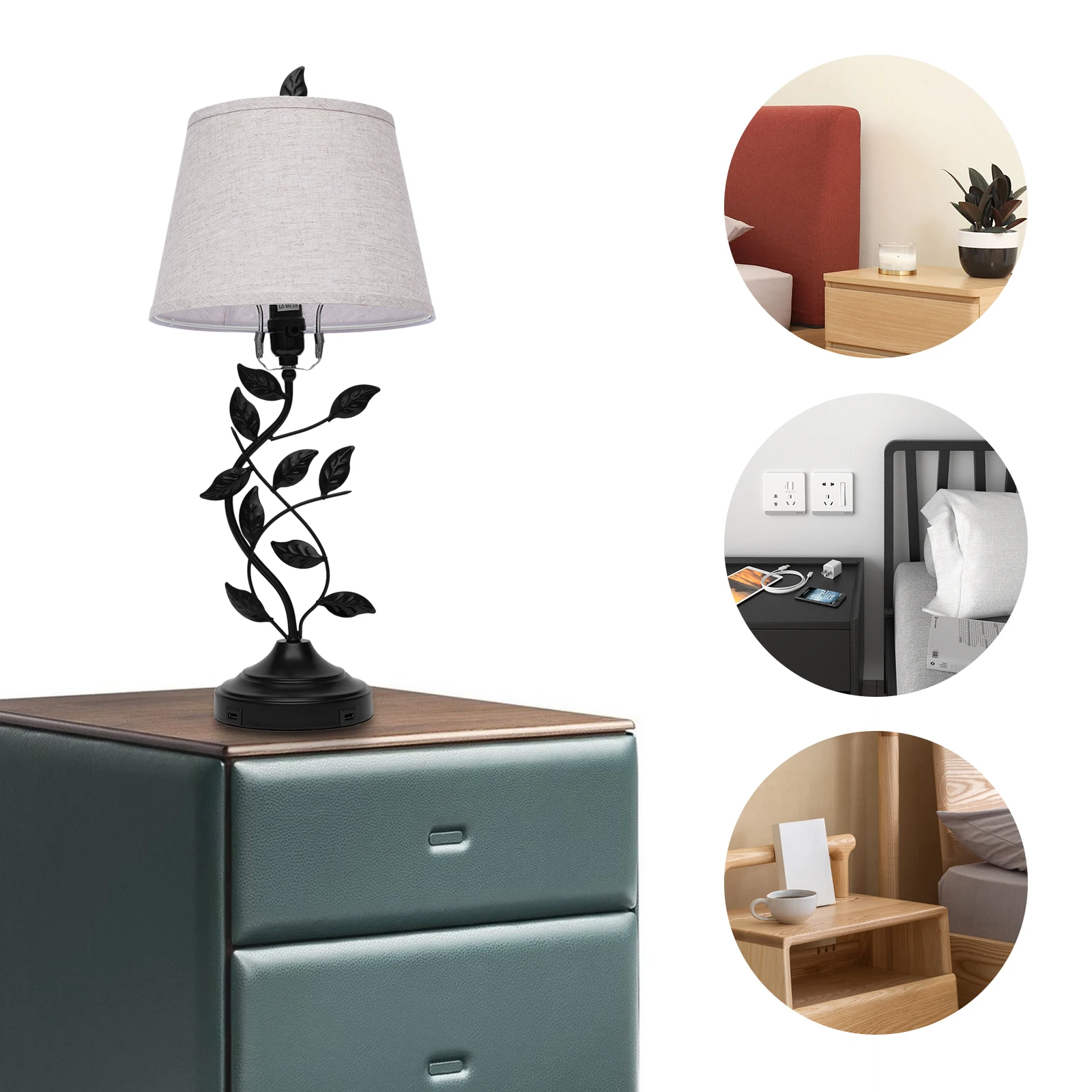 French Romantic Flower Desktop Decorative Light Home Living Room Bedside Table Black Leaf Table Lamps USB