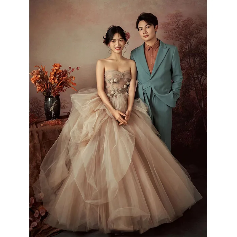 

Strapless Sleeveless Flower Sweet Colored Yarn Retro Korean Wedding Dress Photo Taking Forest Style Dress Customized