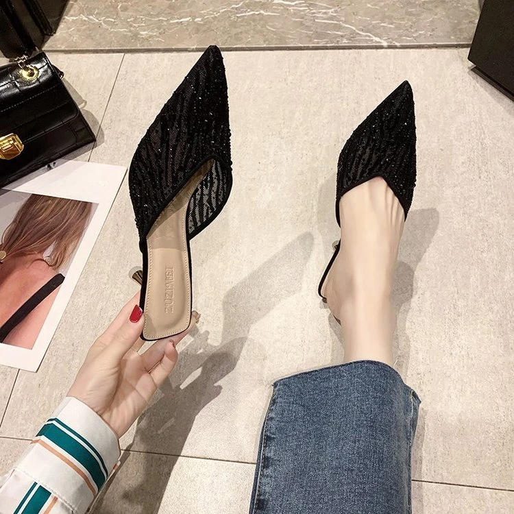 2024 Mesh Slippers Women New Summer Shoes Women Fashion Pointed Slides Spike Heels Beige Mules Shoes High Heels