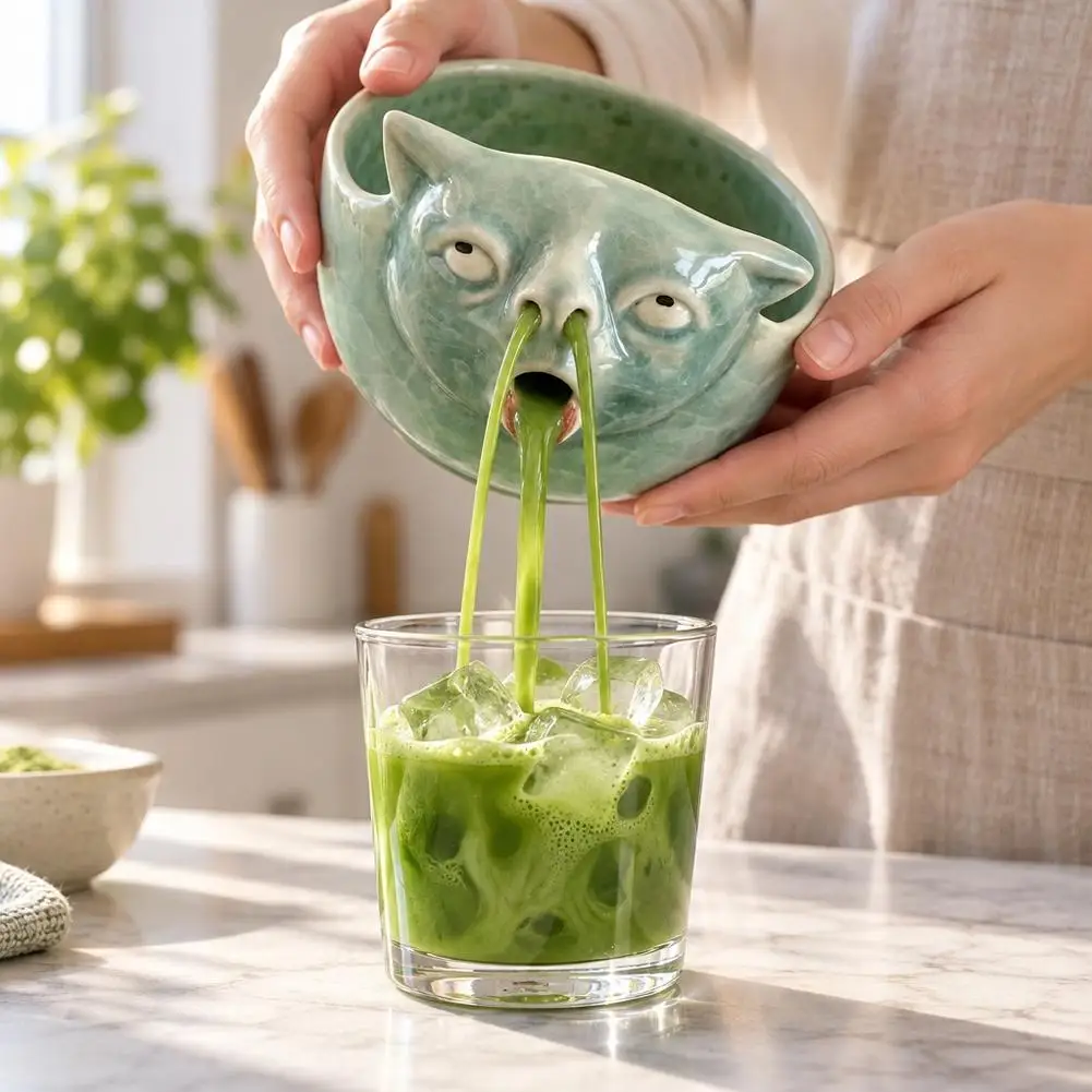 Creative Ceramic Cat Facial Matcha Bowl,Running Nose and Throwing-up Design Funny Coffee Mug,Novelty Quirky Ornament