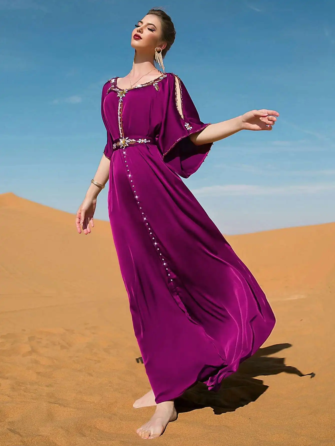 

Rose Purple Ba7031 Off-shoulder Hand-sewn Rhinestone Design Dress Party Gift Robe Abaya Ramadan Dubai Luxury Islam Elegant