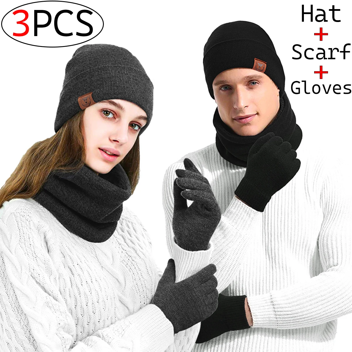 3Pcs Winter Warm Men's Knitted Hat Scarf Gloves Set for Men Women Outdoor Riding Cycling Hat Girl Beanies Neck Protection Scarf