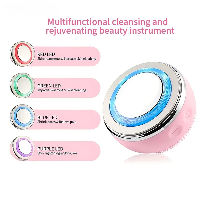 Multi Functional Facial Cleansing and Skin Rejuvenation Beauty Device EMS Microcurrent Hot Compress Function Color Light Therapy