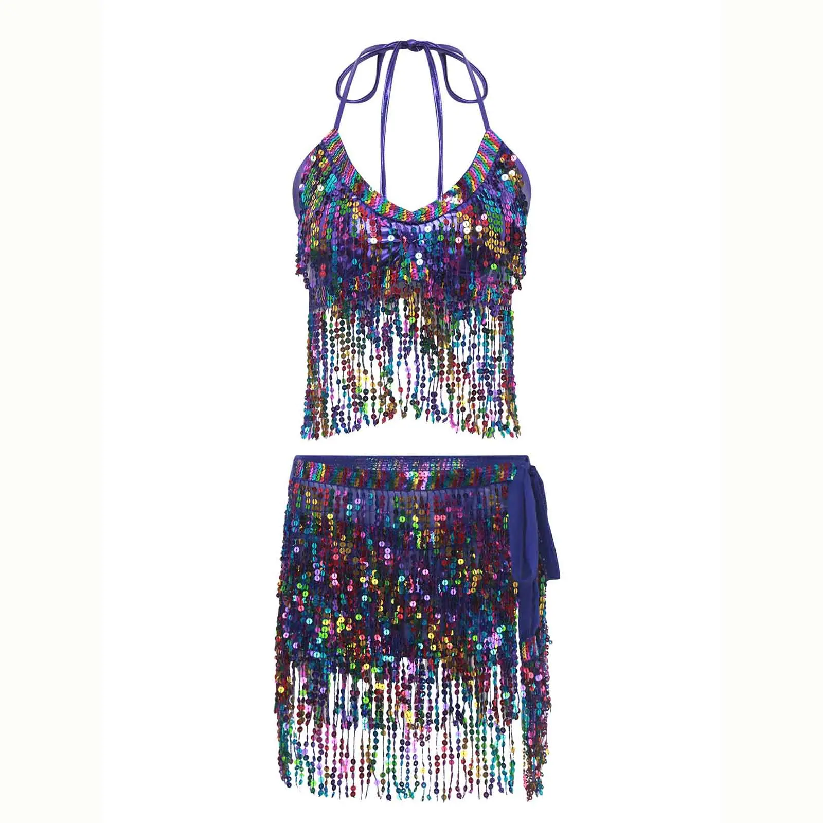 

Женский наряд для танца живота, фестивальный танцевальный сценический костюм, сексуальный бюстгальтер с блестками и кисточками, топы с бюстгальтером на шее и шарфом на бедрах, комплект танцевальной одежды из 2 предметов