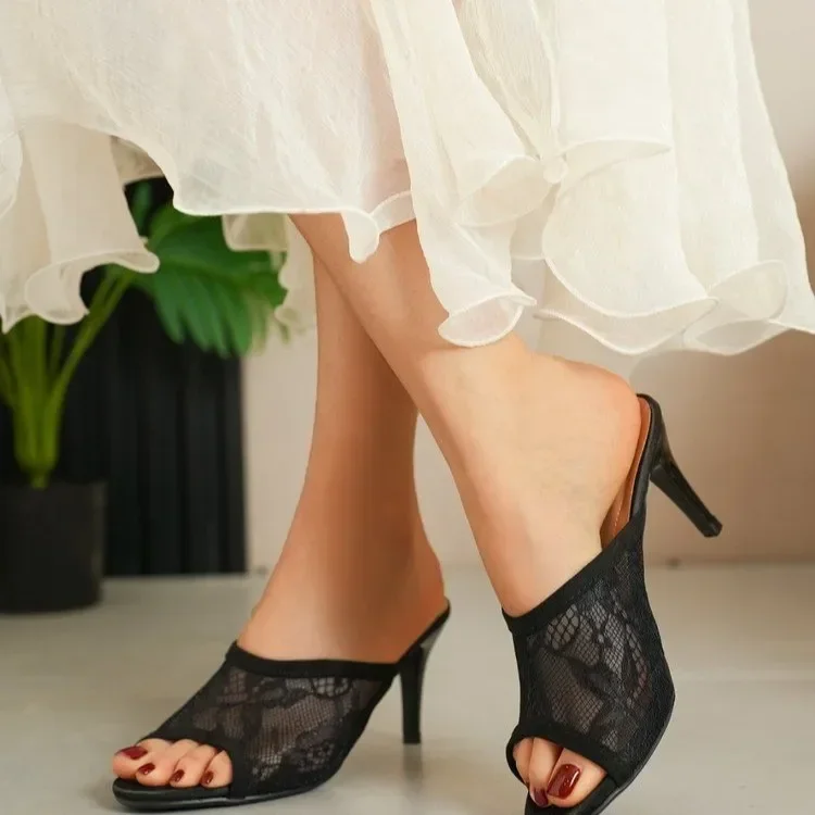 

Lace High Heels Slippers Women Mesh Open Toe Sandals Woman Shoes Summer 2025 New Thin Heel Pumps Dress Elegant Sandalias Mujer