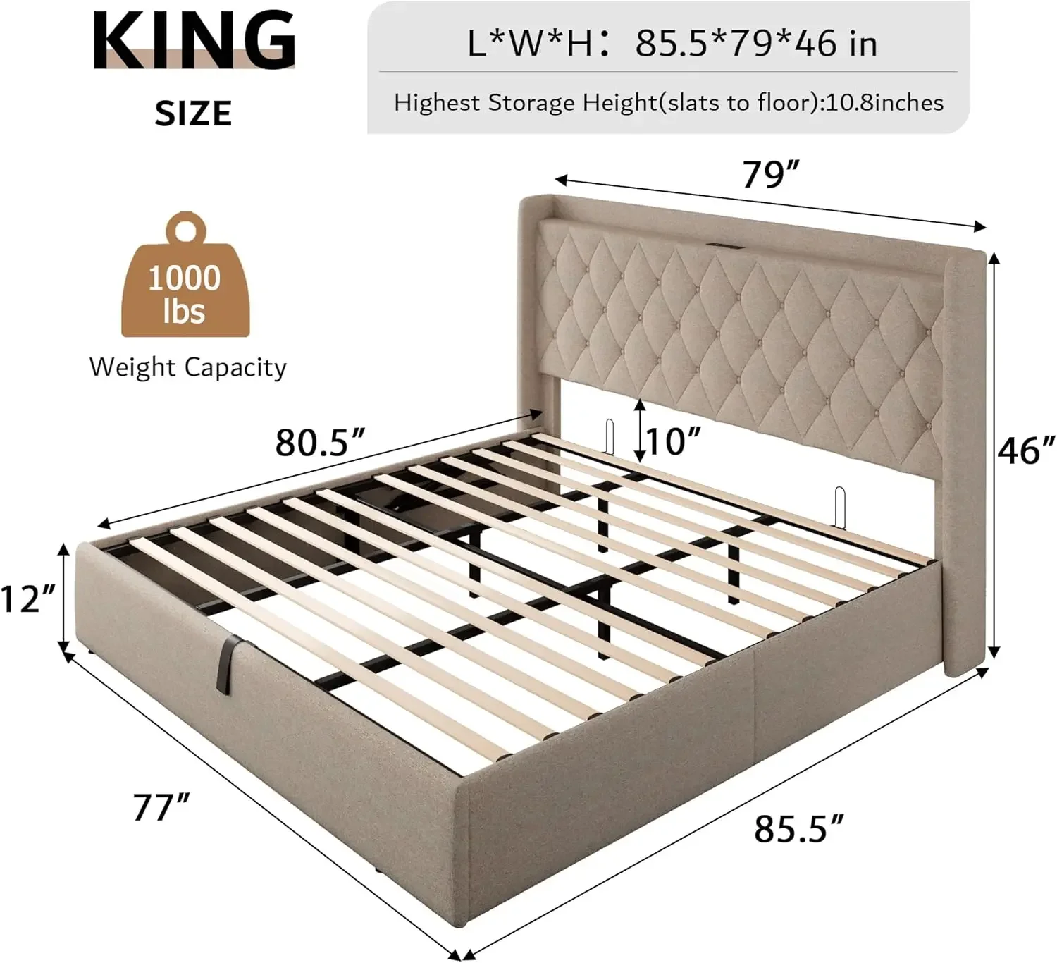 iPormis King Size Lift Up Storage Bed Frame with Charging Station, Upholstered Platform Bed Frame with Tufted Headboard