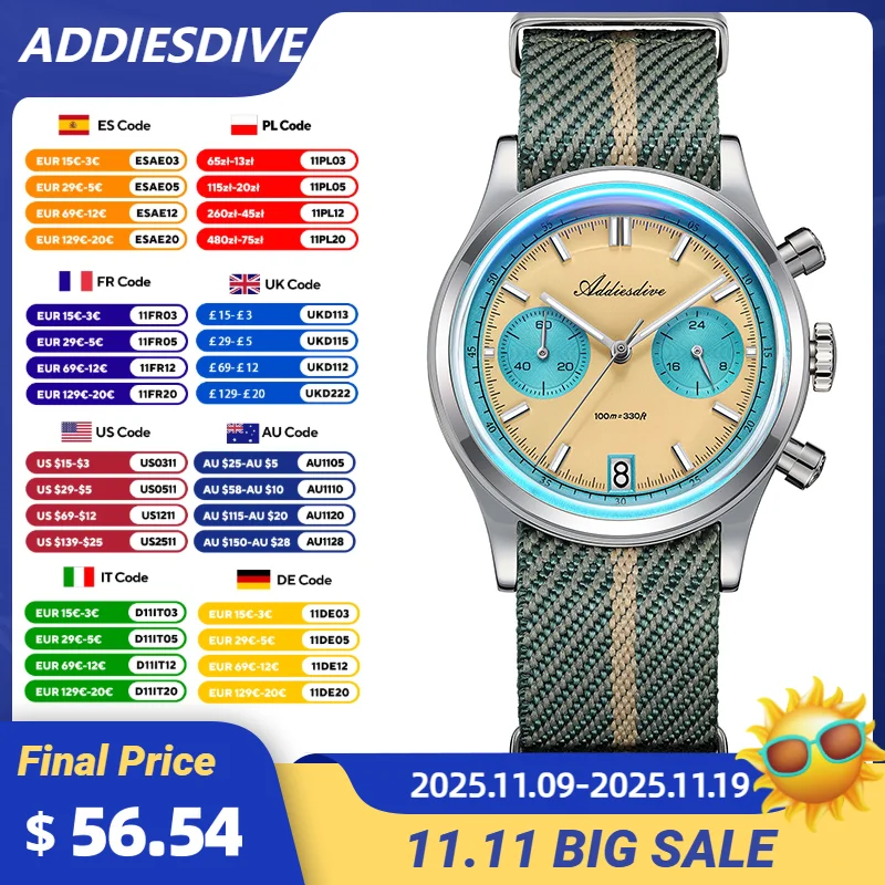 

ADDIESDIVE Men's Watch 2025 NEW Vintage 60min Chronograph Quartz Watches Stainless Waterproof BGW9 Luminous Wristwatch AD2095