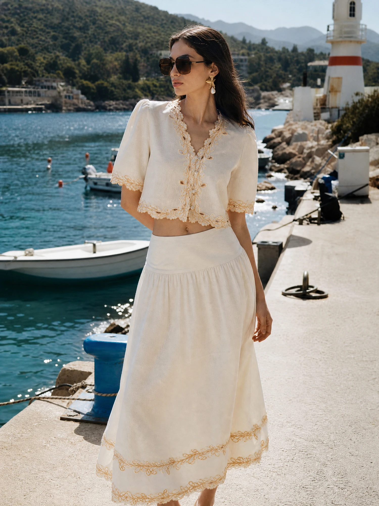 Fashionable Short V-Neck Embroidered Linen Set Women's Breathable Summer Outfit Top And Skirt Two-Piece Suit Comfortable Fit