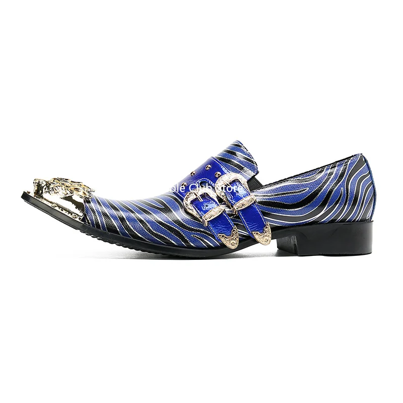 Shiny Blue Men Pointed Toe Dress Shoes Dubble Buckle Straps Wedding Shoes Gold Metal Toe Men'S Formal Shoes Genuine Leather Flat