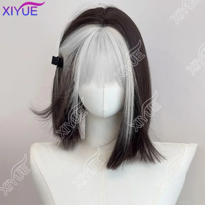 XIYUE 14 بوصة أسود الهواء الذهب الانفجارات شعر مستعار الاصطناعية مستقيم الطبقات مستقيم الباروكات الألياف مقاومة للحرارة حفلة أو صورة شخصية للنساء ب