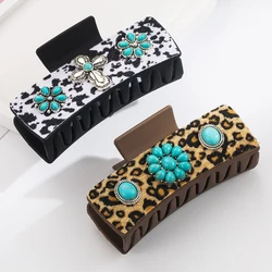 New Leopard Pattern Shark Clip Alloy Turquoise Accessories Retro Leopard Pattern Leather Grab Clip Trendy Hair Accessories