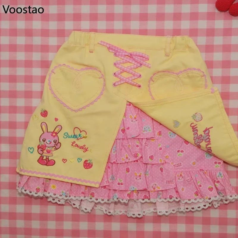 Kawaii Japanese Lolita Style Denim Mini Skirt Women Sweet Cartoon Bunny Embroidery Ruffles Short Skirts Y2k Cute Party Skirts