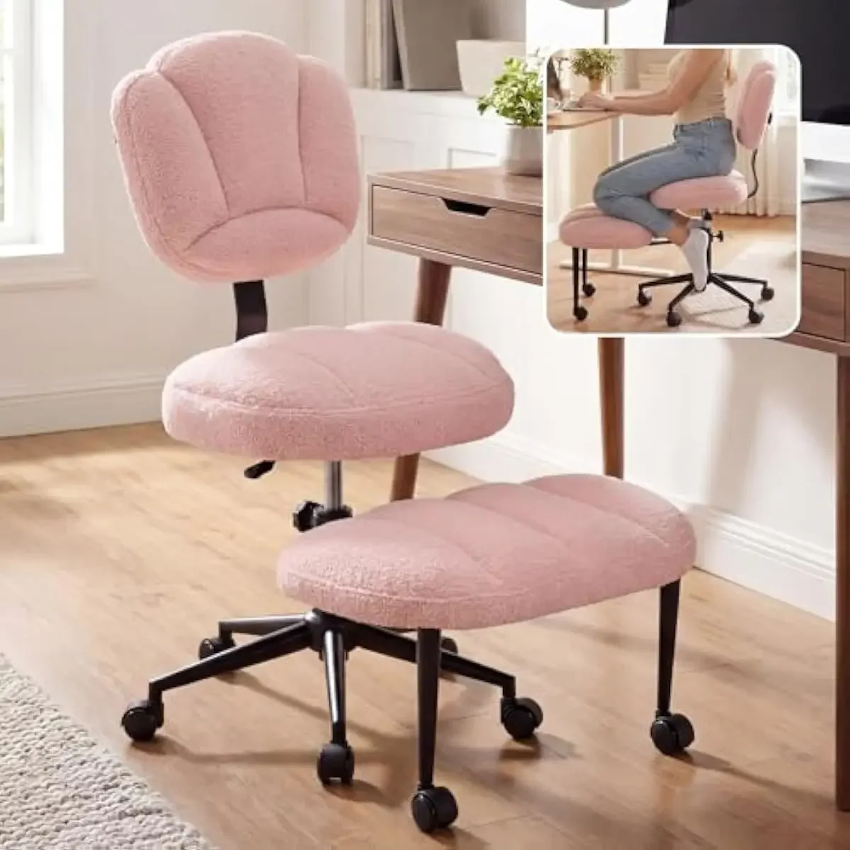 Ergonomic swivel chair with adjustable height backrest and seat, wide teddy fabric seat, 360° silent casters, rotating footrest,