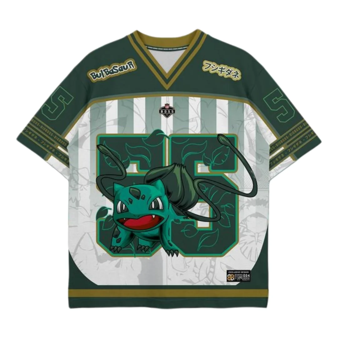 Bandai Bulbasaur America Football Style Pocket Monster Anime Oversized Jersey Adult Kids Athleisure T-Shirt Breathable Soft