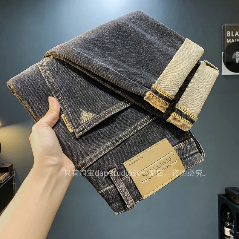 2024 Autumn New Black gray jeans men\'s elastic comfortable fashion printing high-end fashion slim fit ankle tight trousers