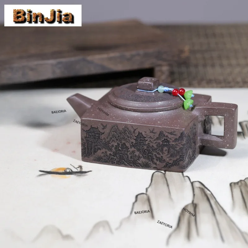 320ml Aesthetic Yixing Purple Clay Teapots Handmade Square Peach Orchard Pot Raw Ore Snowflake Mud Kettle With Infuser Zisha