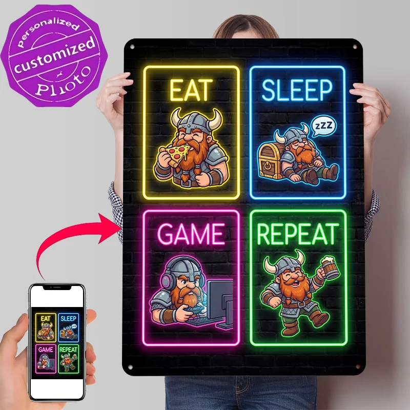 Eat Sleep Game Repeat Viking Poster Retro 3D Printed Metal Signs Customized Wall Hanging Gift for Office Decor Room House Art