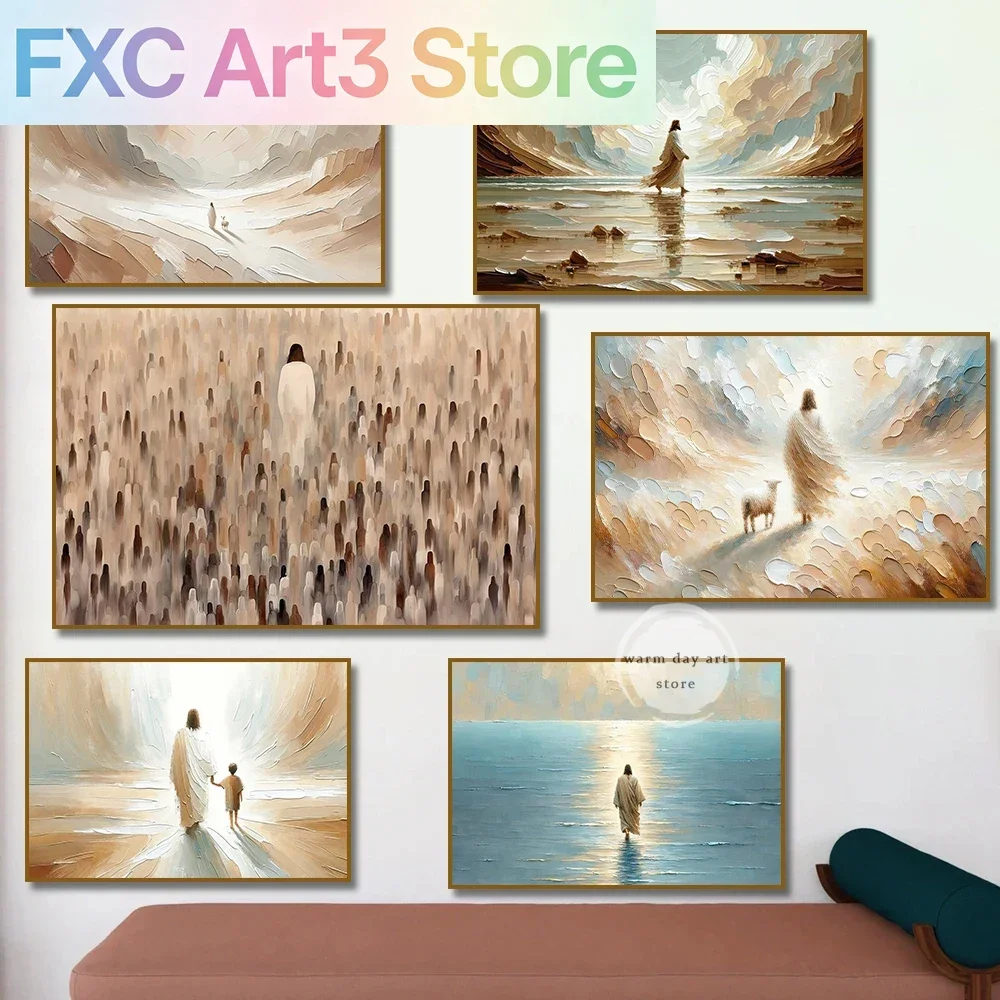 1pc frameless,Watercolor Jesus Christ Walk on Water Canvas Painting Feeds The 5000 The Good Shepherd Religious Poster Wall Art H