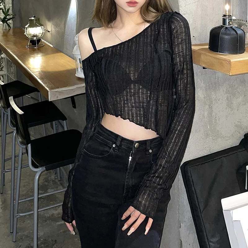 Y2k Women Casual Long Sleeve T-shirt Crop TopFashion Solid Color Oblique Shoulder Irregular Exposed Navel Tops Tee Streetwear