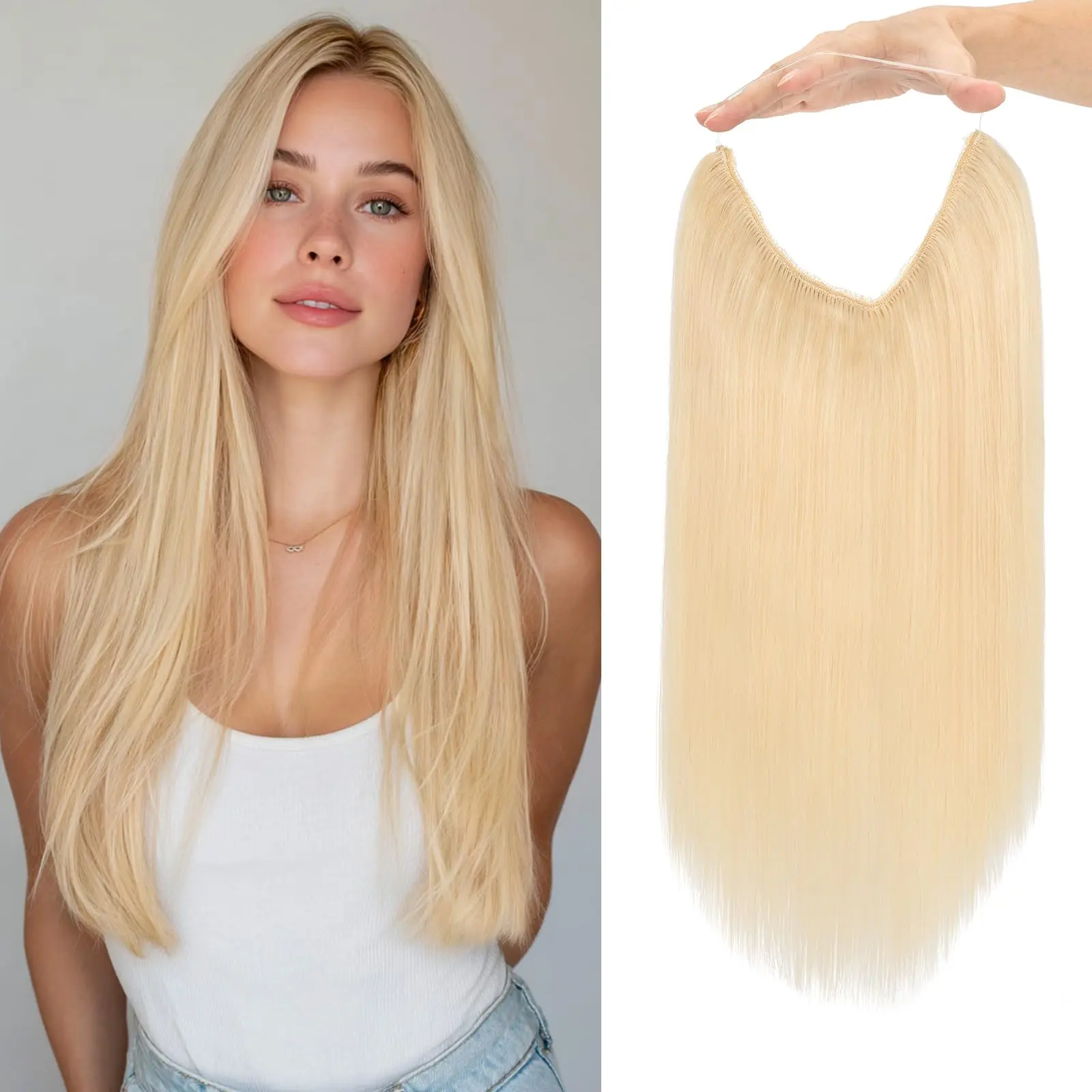 #613 Blonde Invisible Wire Hair Extensions Human Hair with Transparent Wire Adjustable Size Secure Clips 100Gram