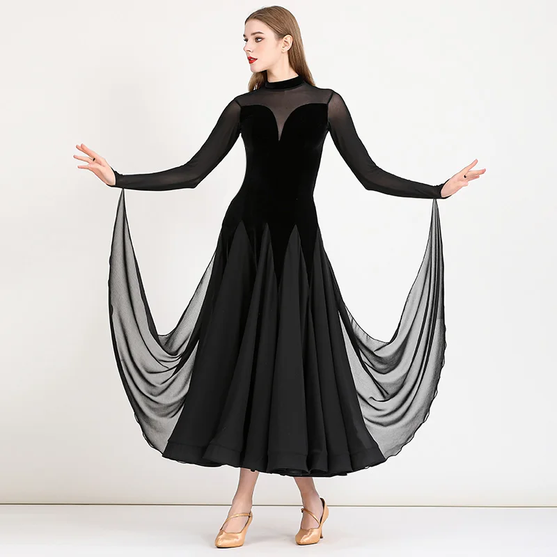 여성을위한 블랙 벨벳 표준 볼룸 댄스 드레스 고품질 WaltzTango 플라멩코 의상 레이디 경쟁 댄스 드레스