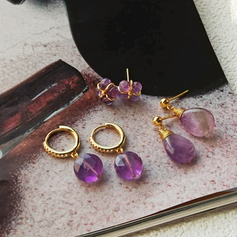 Natural Amethyst Stone Earrings, Light Luxury Simple Hoops Ear Decoration Daily Commuting Vintage Jewelry