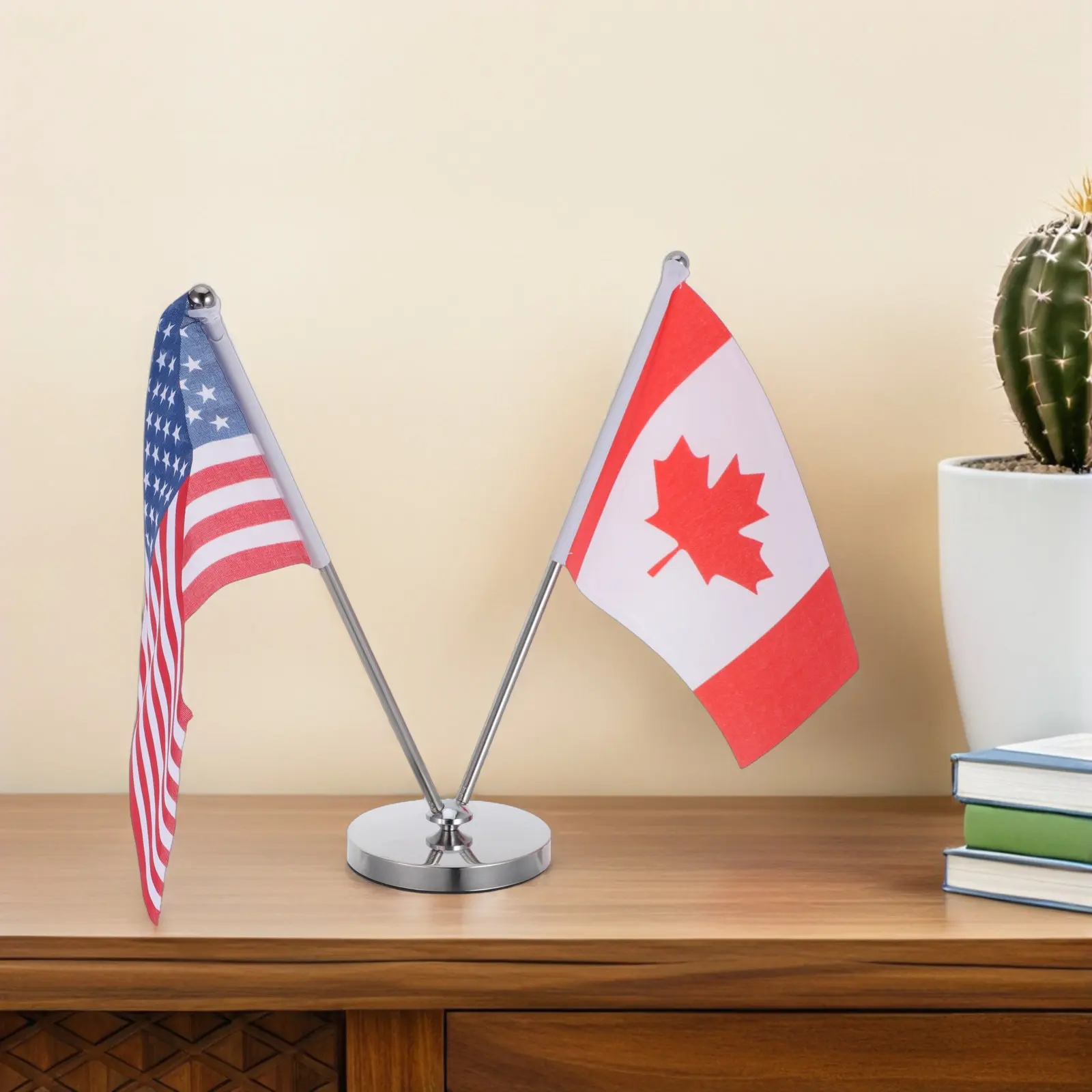 Double Table Flag Set Stainless Steel Telescopic Pole Stand Usa Canada Mini Desk Flags for Soccer Fan Gatherings Office Desk