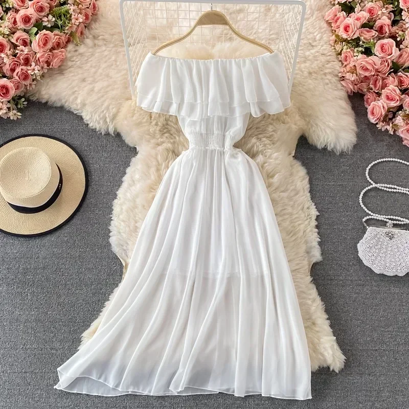 Korejepo Bali Holiday Beach Dresses Slim Big Swing Long Dress Sexy Off The Shoulder Slim Shoulder Leaf Edge Chiffon Clothes