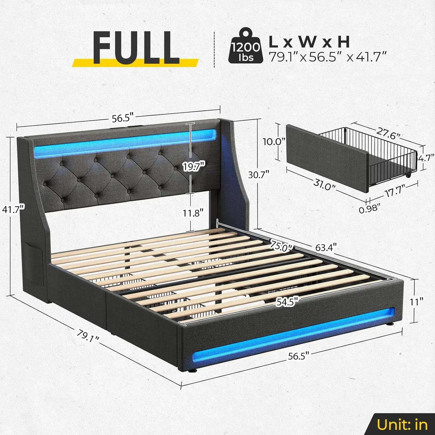 Full Bed Frame with LED Lights and Charging Station, Upholstered Bed with Drawers, Wooden Slats, Noise Free, Easy Assembly, Dark